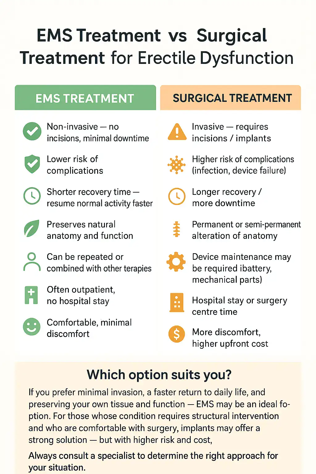 A table showing the benefits of EMS chair for erectile dysfunction treatment Nottingham compared to surgery.