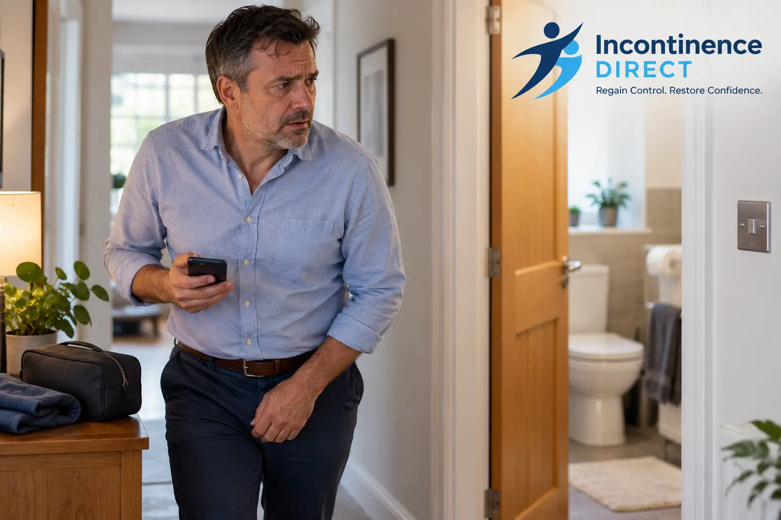 Worried Man Near Open Bathroom affected from faecal incontinence safety tips from incontinence direct Nottingham