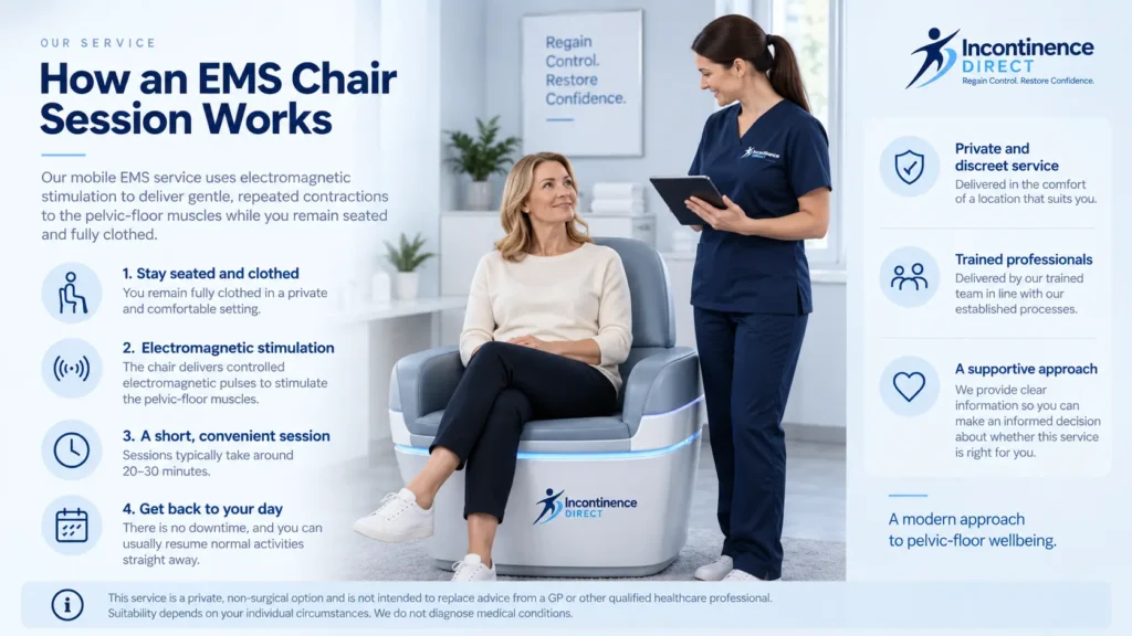 Illustration showing an EMS chair session at Incontinence Direct Nottingham