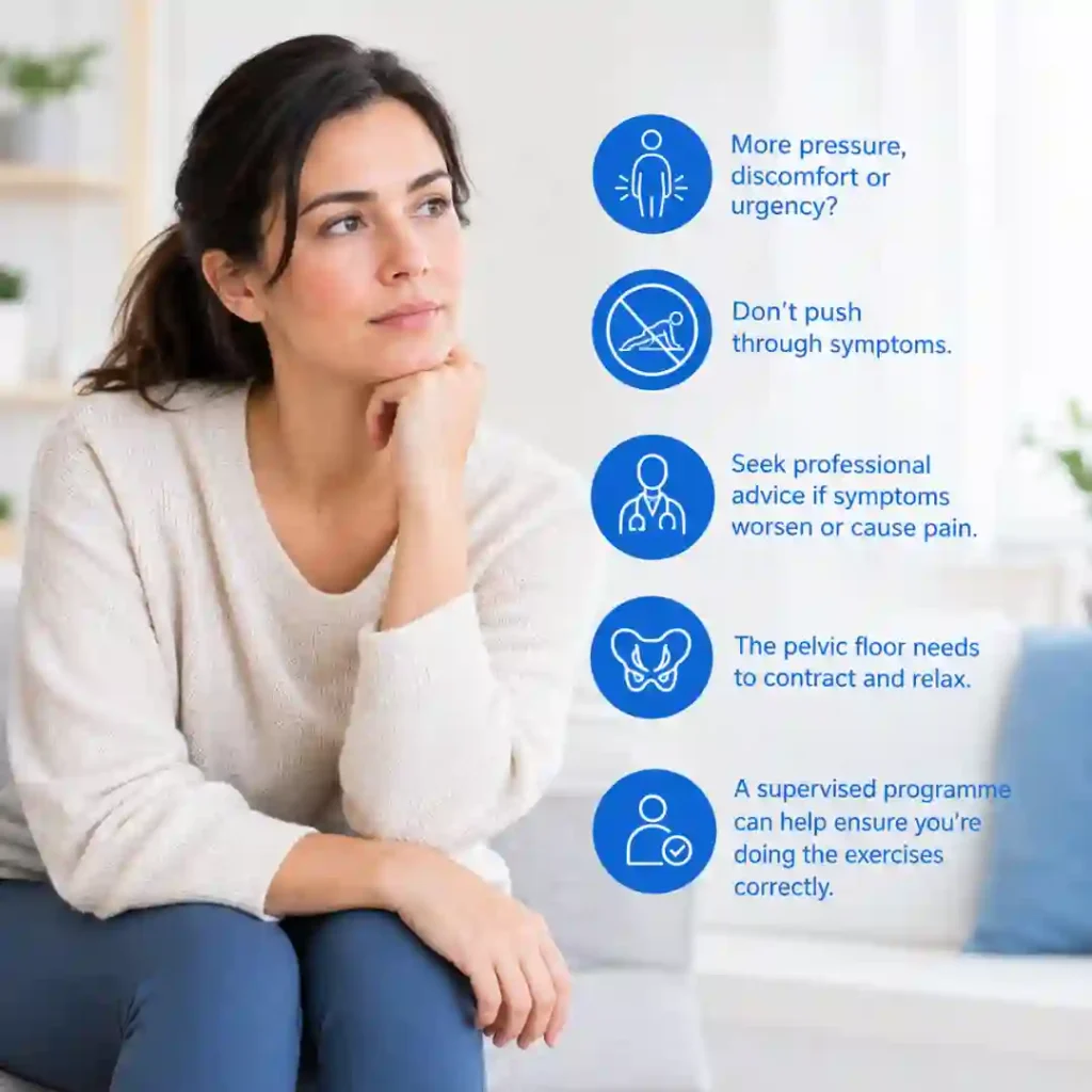 Pelvic-floor exercises Nottingham involve controlled contraction and relaxation. Persistent pressure, discomfort or urinary urgency may warrant professional assessment.